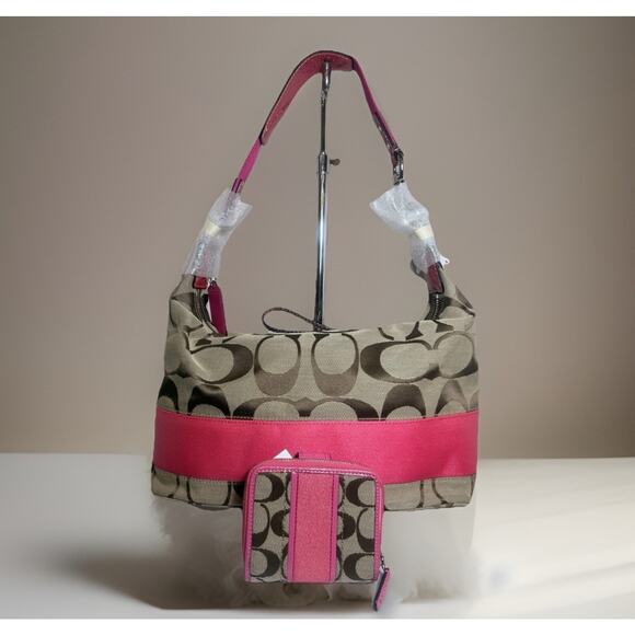 NWT Coach Signature Stripe Hobo 23769E & Wallet F48774 Set SV/Khaki Punch Pink - Picture 7 of 16